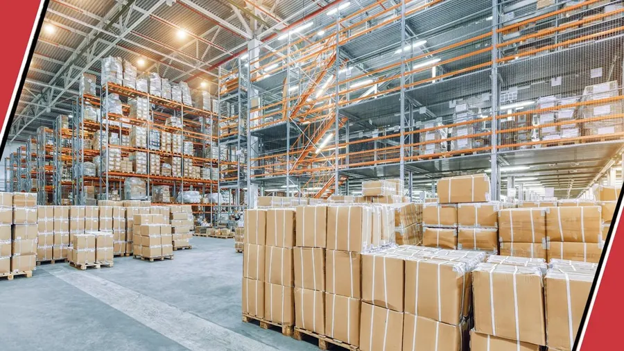 Commercial warehouse interior with plumbing materials on pallets for Plumbing Service Areas in SE LA and the Gateway Cities