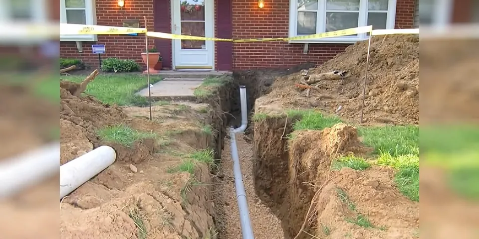 Front yard sewer replacement trench before backfill for Plumbing Service in the Lakewood Boulevard Corridor, Lakewood CA
