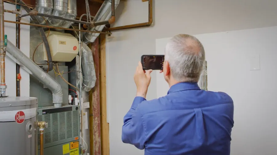 Installer photographing water softener connections for Water Softener Installation in Lakewood, CA