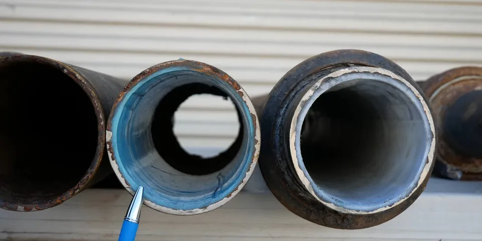 Old pipe cross sections showing interior buildup for Galvanized Pipe vs. PEX: What Lakewood Homeowners Are Choosing When They