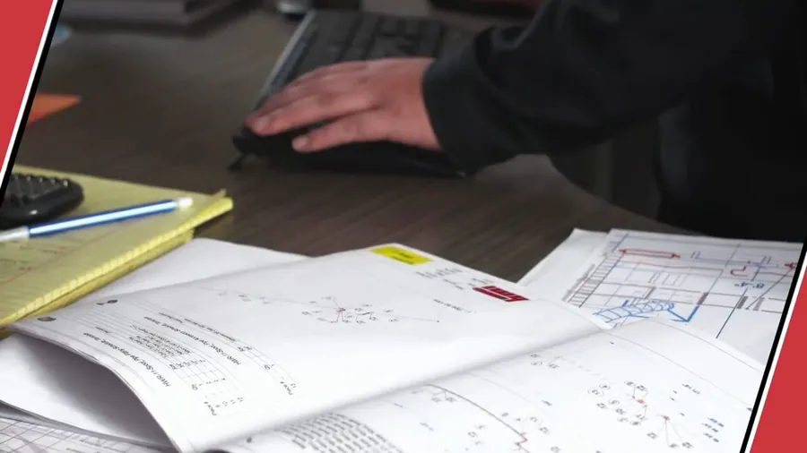 Plumbing plans and measurements spread on a work table for Sewer Camera Inspection in Lakewood, CA